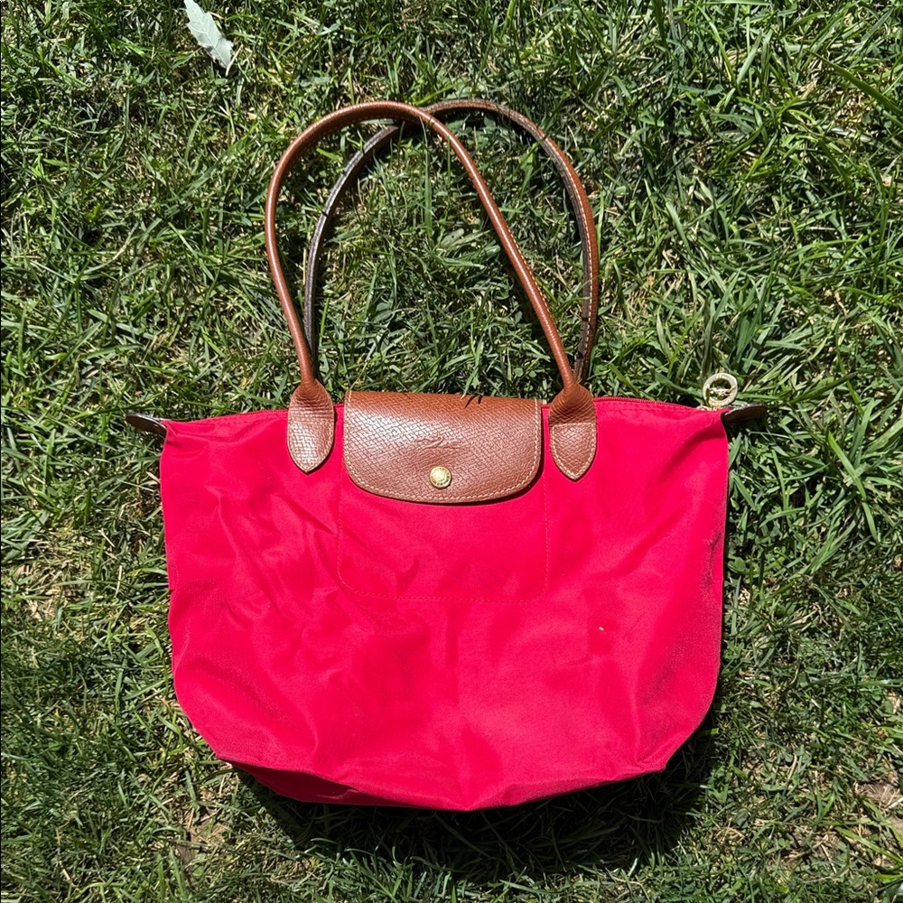 Longchamp Rose Pink Nylon Le Pliage Tote with Brown Leather Trim - Picture 9 of 10